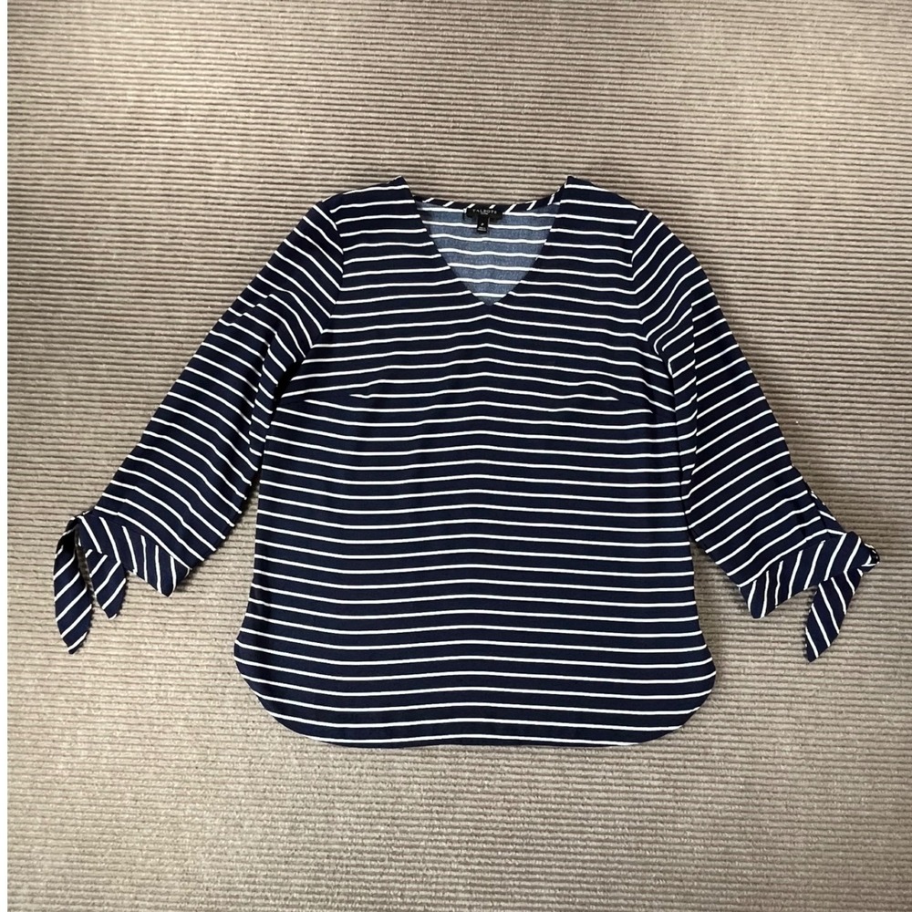 Talbots Petites Navy White‎ Striped V-Neck Blouse Tie Sleeve Top Size P
